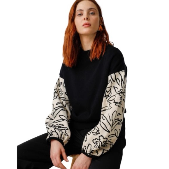 NWT SKFK Aitza-GOTS Black Organic Cotton Sweater Contrast Sleeves EU 44 | US 12 - Picture 1 of 10